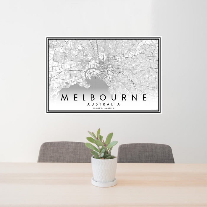 24x36 Melbourne Australia Map Print Lanscape Orientation in Classic Style Behind 2 Chairs Table and Potted Plant