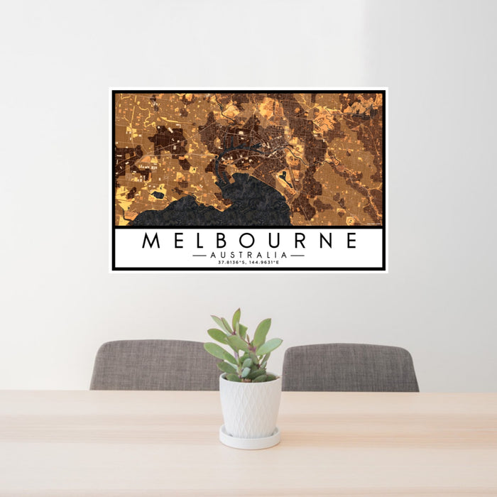 24x36 Melbourne Australia Map Print Lanscape Orientation in Ember Style Behind 2 Chairs Table and Potted Plant