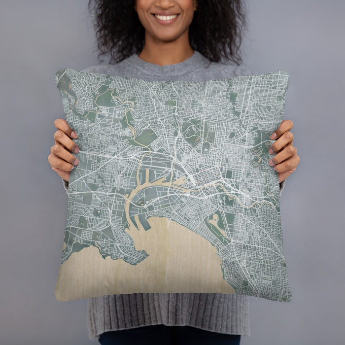 Person holding 18x18 Custom Melbourne Australia Map Throw Pillow in Afternoon