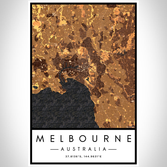 Melbourne Australia Map Print Portrait Orientation in Ember Style With Shaded Background