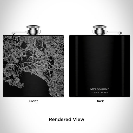 Rendered View of Melbourne Australia Map Engraving on 6oz Stainless Steel Flask in Black