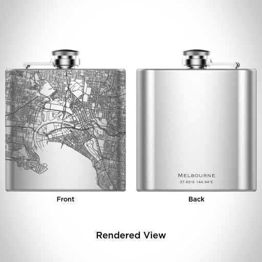 Rendered View of Melbourne Australia Map Engraving on 6oz Stainless Steel Flask