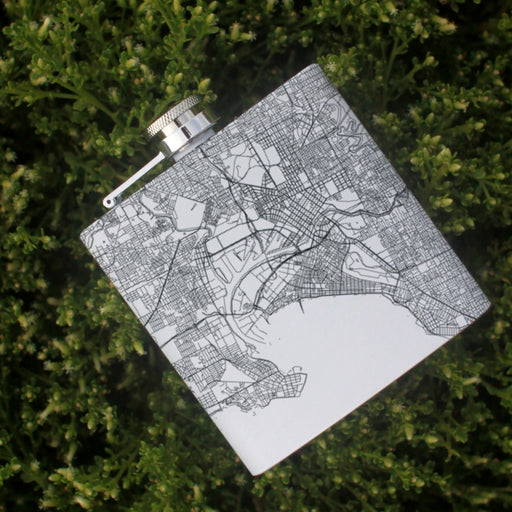 Melbourne Australia Custom Engraved City Map Inscription Coordinates on 6oz Stainless Steel Flask in White
