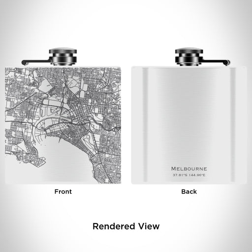 Rendered View of Melbourne Australia Map Engraving on 6oz Stainless Steel Flask in White