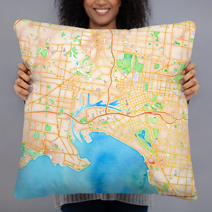 Person holding 22x22 Custom Melbourne Australia Map Throw Pillow in Watercolor