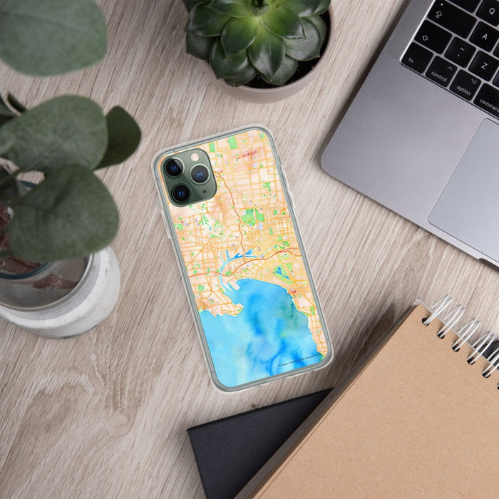 Custom Melbourne Australia Map Phone Case in Watercolor on Table with Laptop and Plant