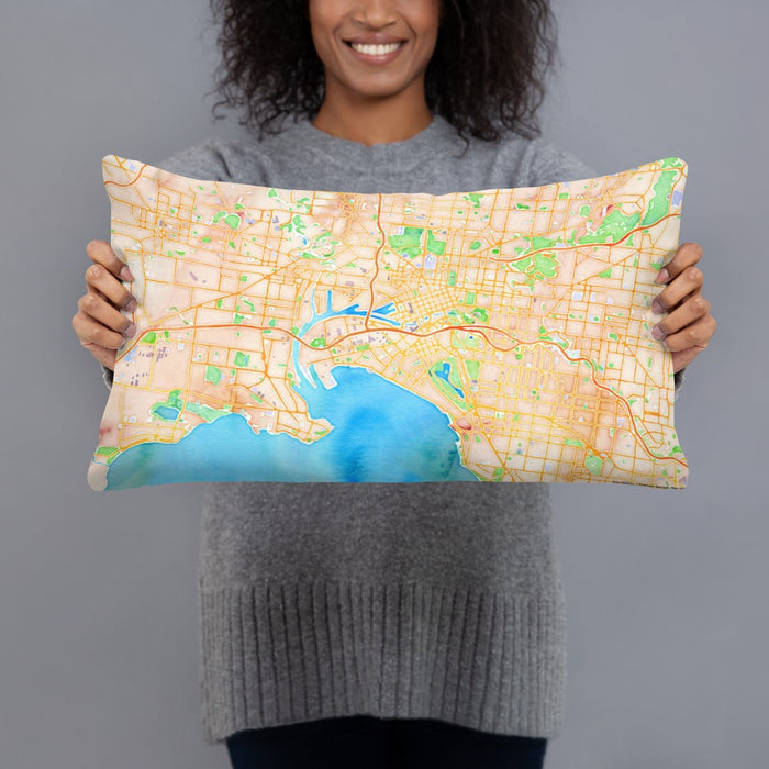 Person holding 20x12 Custom Melbourne Australia Map Throw Pillow in Watercolor