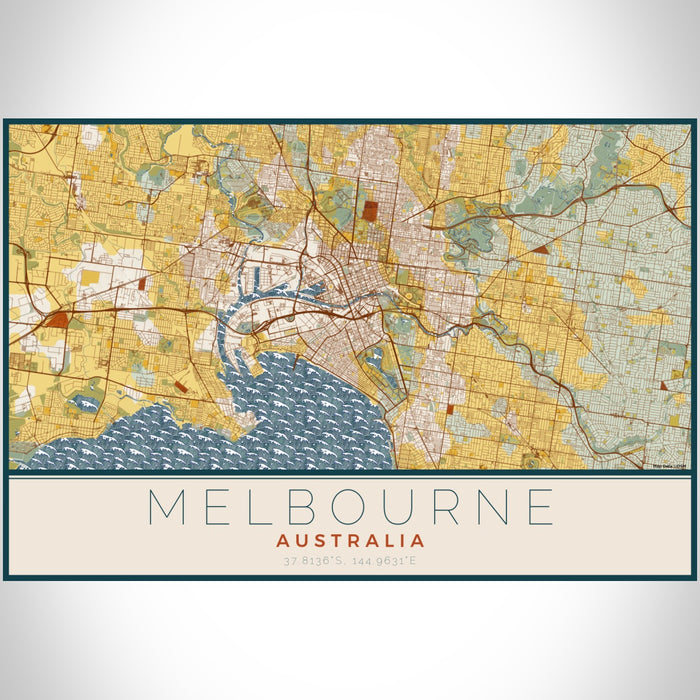 Melbourne Australia Map Print Landscape Orientation in Woodblock Style With Shaded Background