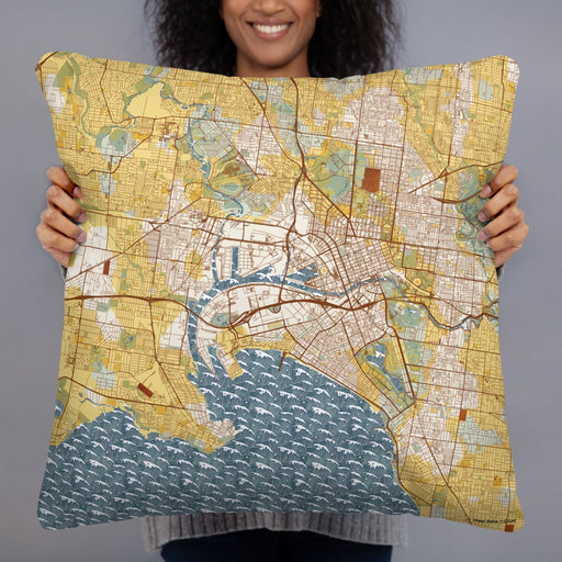 Person holding 22x22 Custom Melbourne Australia Map Throw Pillow in Woodblock