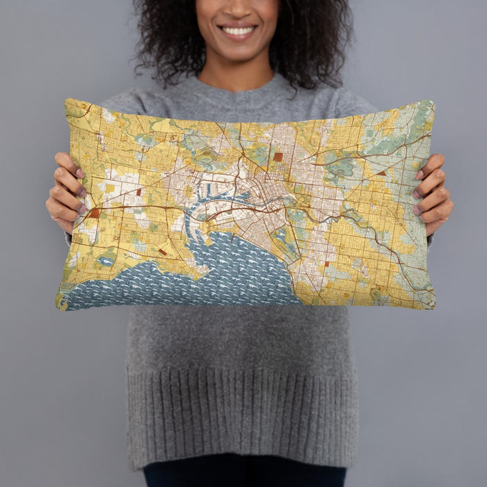 Person holding 20x12 Custom Melbourne Australia Map Throw Pillow in Woodblock