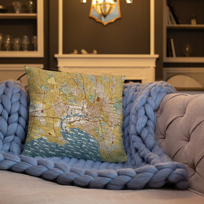 Custom Melbourne Australia Map Throw Pillow in Woodblock on Cream Colored Couch