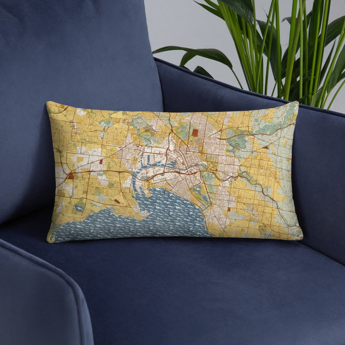 Custom Melbourne Australia Map Throw Pillow in Woodblock on Blue Colored Chair