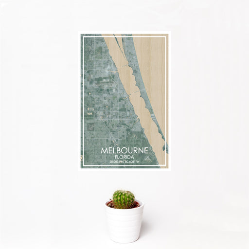 12x18 Melbourne Florida Map Print Portrait Orientation in Afternoon Style With Small Cactus Plant in White Planter