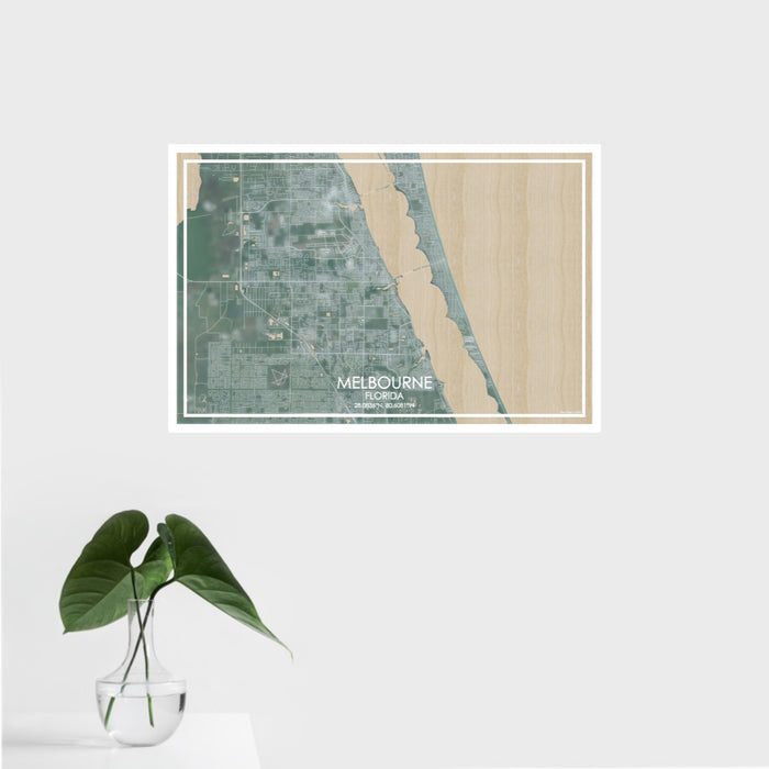 16x24 Melbourne Florida Map Print Landscape Orientation in Afternoon Style With Tropical Plant Leaves in Water