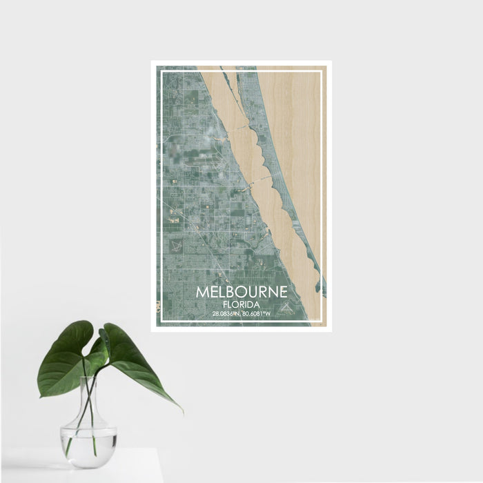 16x24 Melbourne Florida Map Print Portrait Orientation in Afternoon Style With Tropical Plant Leaves in Water