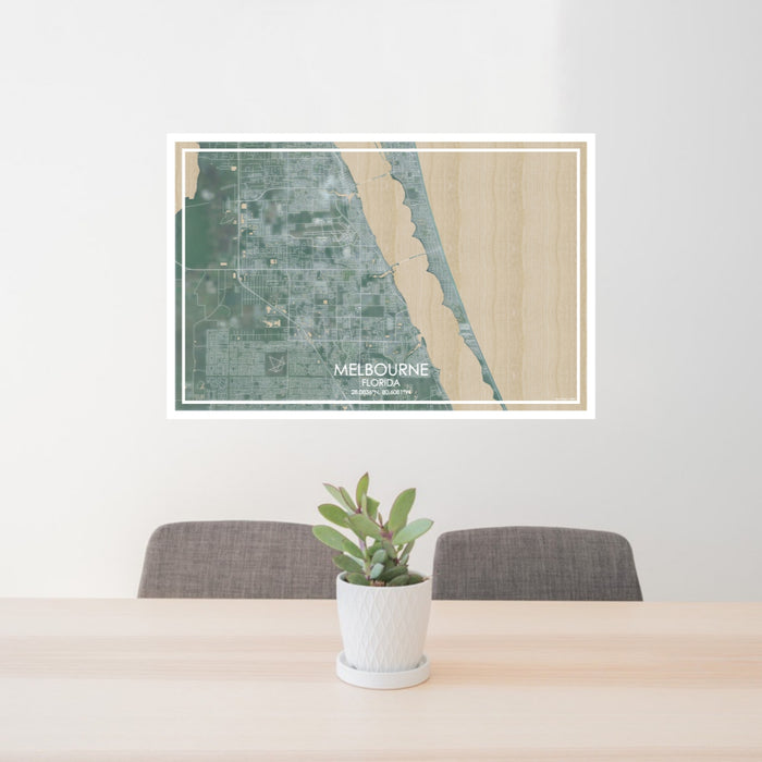 24x36 Melbourne Florida Map Print Lanscape Orientation in Afternoon Style Behind 2 Chairs Table and Potted Plant