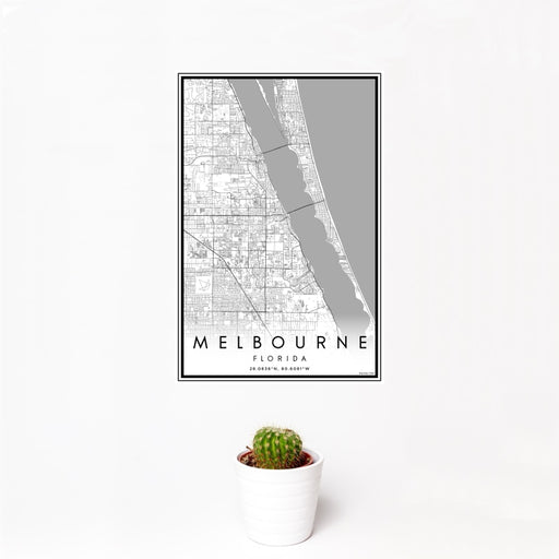 12x18 Melbourne Florida Map Print Portrait Orientation in Classic Style With Small Cactus Plant in White Planter