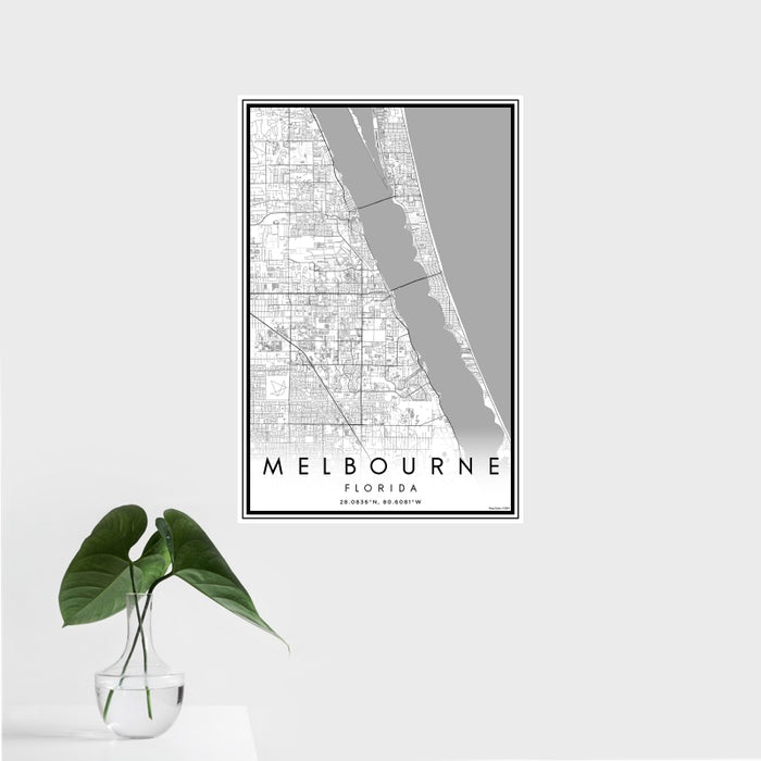 16x24 Melbourne Florida Map Print Portrait Orientation in Classic Style With Tropical Plant Leaves in Water