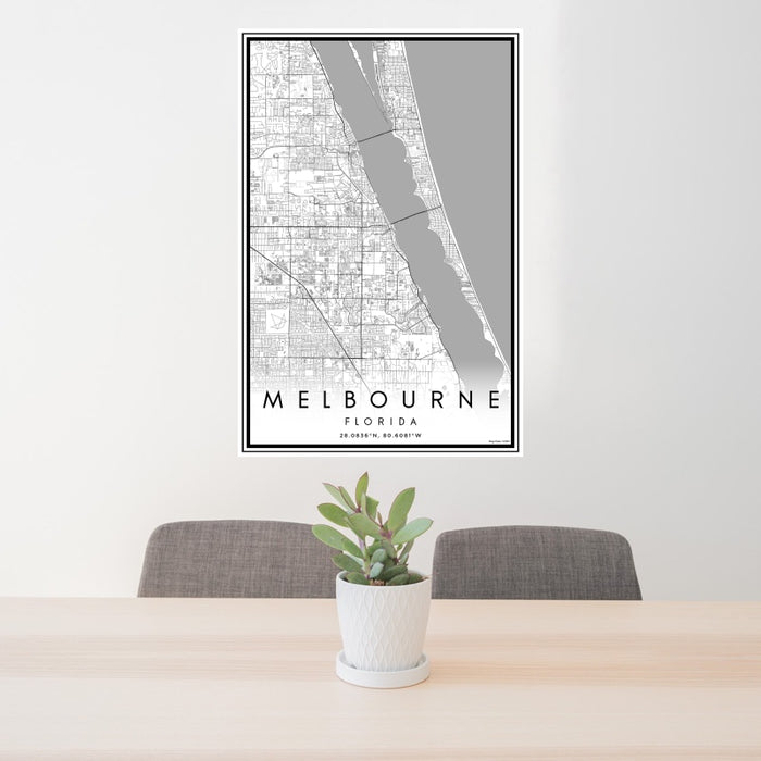 24x36 Melbourne Florida Map Print Portrait Orientation in Classic Style Behind 2 Chairs Table and Potted Plant