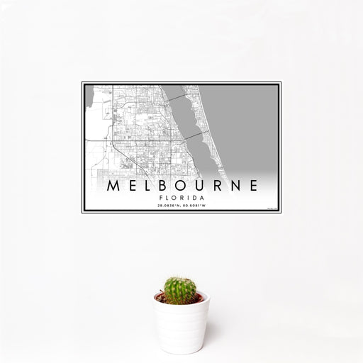 12x18 Melbourne Florida Map Print Landscape Orientation in Classic Style With Small Cactus Plant in White Planter