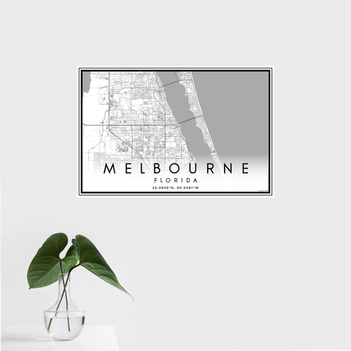 16x24 Melbourne Florida Map Print Landscape Orientation in Classic Style With Tropical Plant Leaves in Water