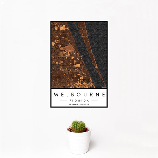 12x18 Melbourne Florida Map Print Portrait Orientation in Ember Style With Small Cactus Plant in White Planter