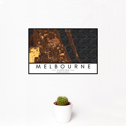 12x18 Melbourne Florida Map Print Landscape Orientation in Ember Style With Small Cactus Plant in White Planter