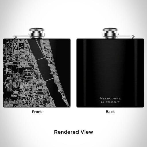 Rendered View of Melbourne Florida Map Engraving on 6oz Stainless Steel Flask in Black