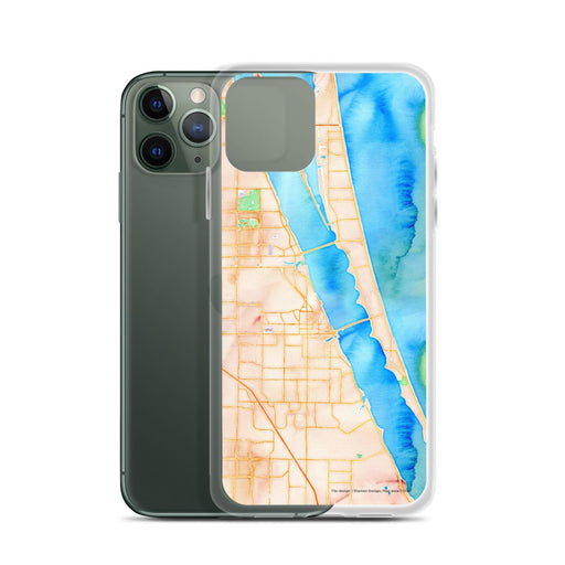 Custom Melbourne Florida Map Phone Case in Watercolor on Table with Laptop and Plant