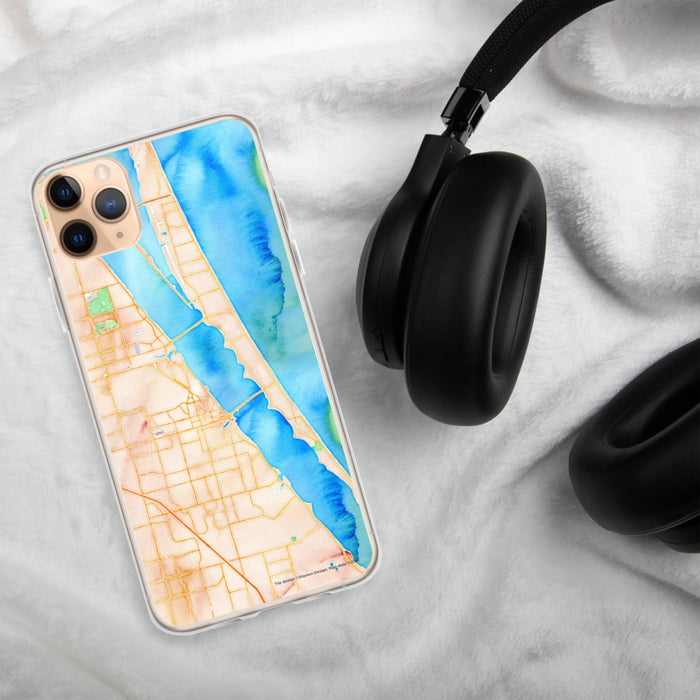 Custom Melbourne Florida Map Phone Case in Watercolor on Table with Black Headphones