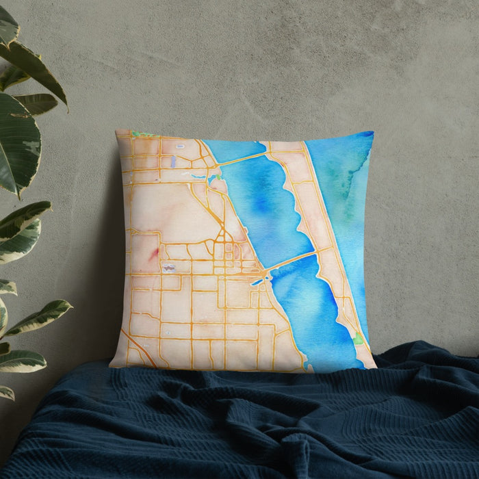 Custom Melbourne Florida Map Throw Pillow in Watercolor on Bedding Against Wall