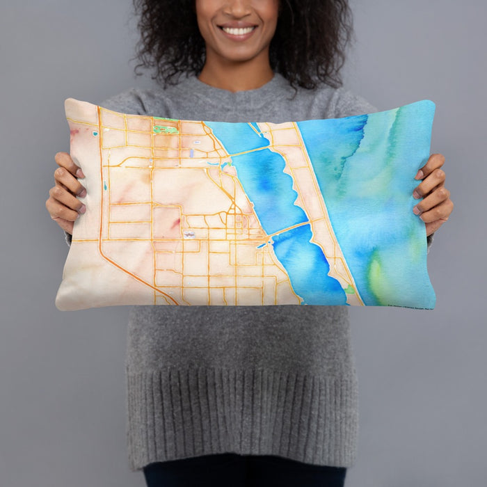 Person holding 20x12 Custom Melbourne Florida Map Throw Pillow in Watercolor