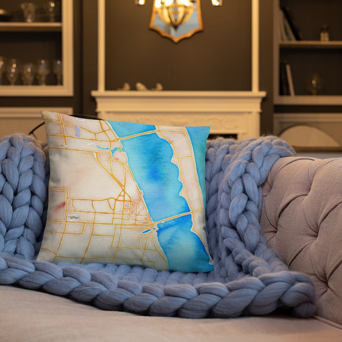 Custom Melbourne Florida Map Throw Pillow in Watercolor on Cream Colored Couch