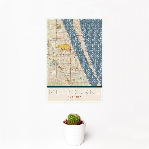 12x18 Melbourne Florida Map Print Portrait Orientation in Woodblock Style With Small Cactus Plant in White Planter
