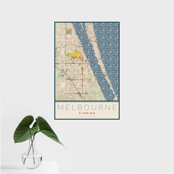 16x24 Melbourne Florida Map Print Portrait Orientation in Woodblock Style With Tropical Plant Leaves in Water