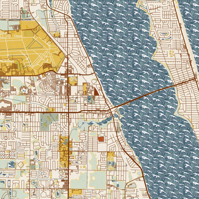 Melbourne Florida Map Print in Woodblock Style Zoomed In Close Up Showing Details