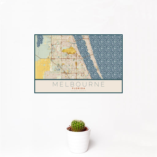 12x18 Melbourne Florida Map Print Landscape Orientation in Woodblock Style With Small Cactus Plant in White Planter