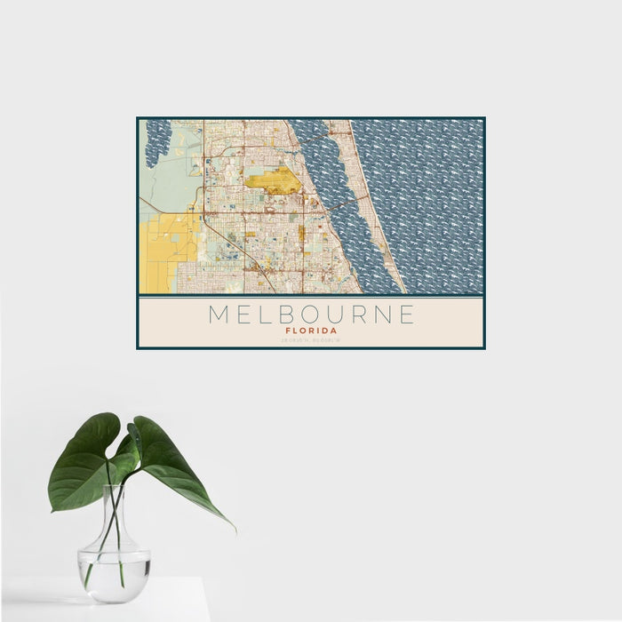 16x24 Melbourne Florida Map Print Landscape Orientation in Woodblock Style With Tropical Plant Leaves in Water