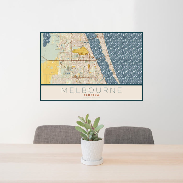 24x36 Melbourne Florida Map Print Landscape Orientation in Woodblock Style Behind 2 Chairs Table and Potted Plant