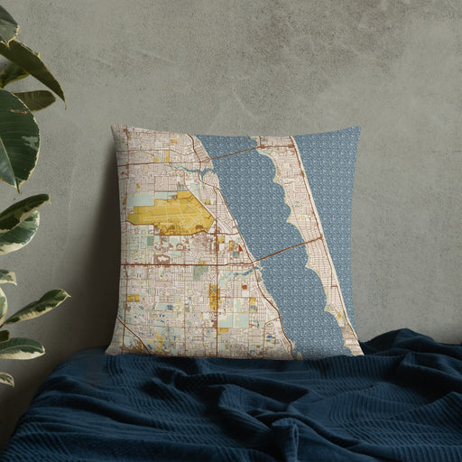 Custom Melbourne Florida Map Throw Pillow in Woodblock on Bedding Against Wall