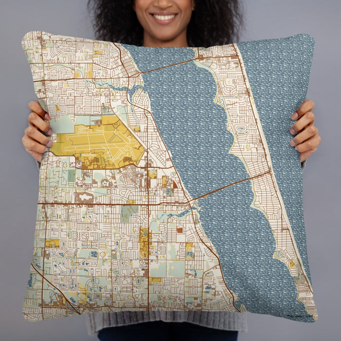 Person holding 22x22 Custom Melbourne Florida Map Throw Pillow in Woodblock