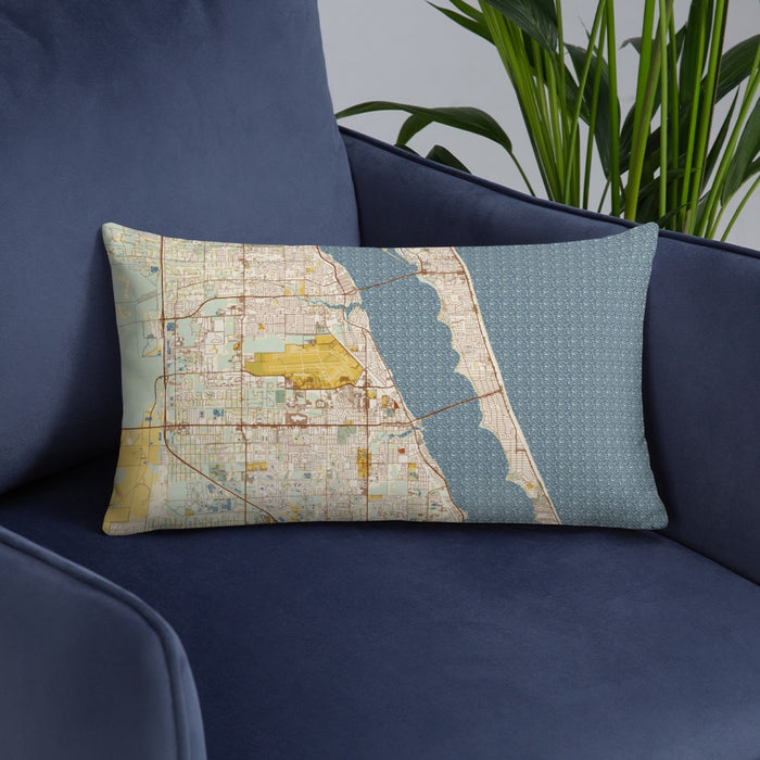 Custom Melbourne Florida Map Throw Pillow in Woodblock on Blue Colored Chair