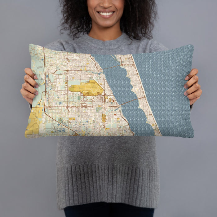 Person holding 20x12 Custom Melbourne Florida Map Throw Pillow in Woodblock