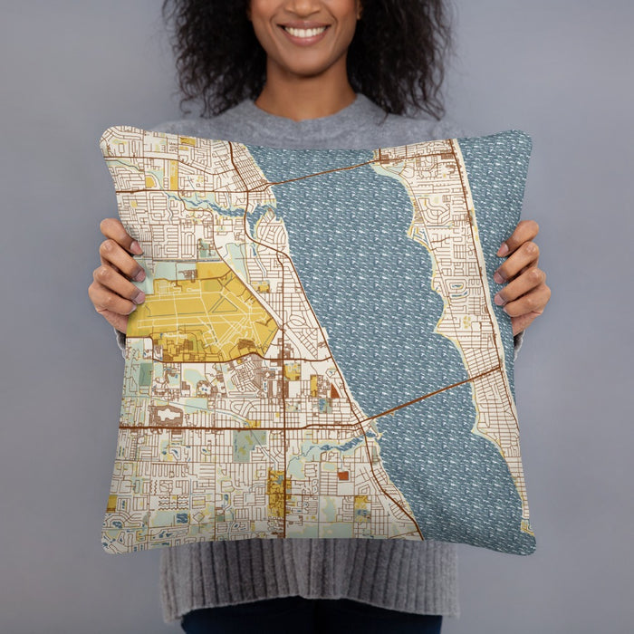 Person holding 18x18 Custom Melbourne Florida Map Throw Pillow in Woodblock
