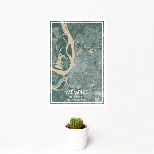 12x18 Memphis Tennessee Map Print Portrait Orientation in Afternoon Style With Small Cactus Plant in White Planter