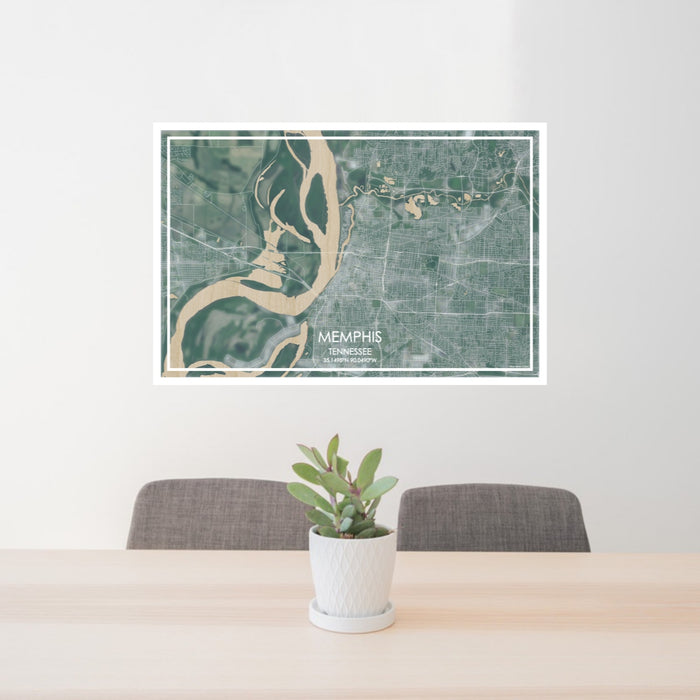 24x36 Memphis Tennessee Map Print Lanscape Orientation in Afternoon Style Behind 2 Chairs Table and Potted Plant