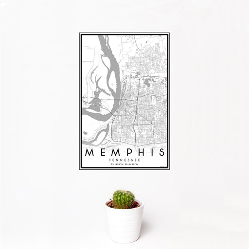 12x18 Memphis Tennessee Map Print Portrait Orientation in Classic Style With Small Cactus Plant in White Planter