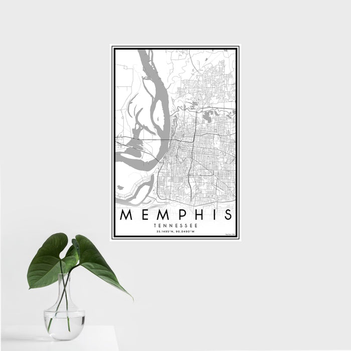 16x24 Memphis Tennessee Map Print Portrait Orientation in Classic Style With Tropical Plant Leaves in Water