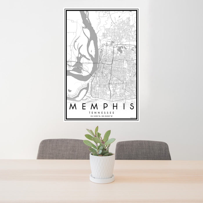 24x36 Memphis Tennessee Map Print Portrait Orientation in Classic Style Behind 2 Chairs Table and Potted Plant