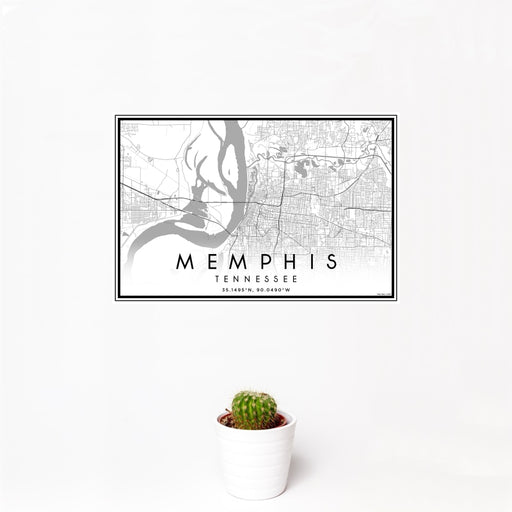 12x18 Memphis Tennessee Map Print Landscape Orientation in Classic Style With Small Cactus Plant in White Planter